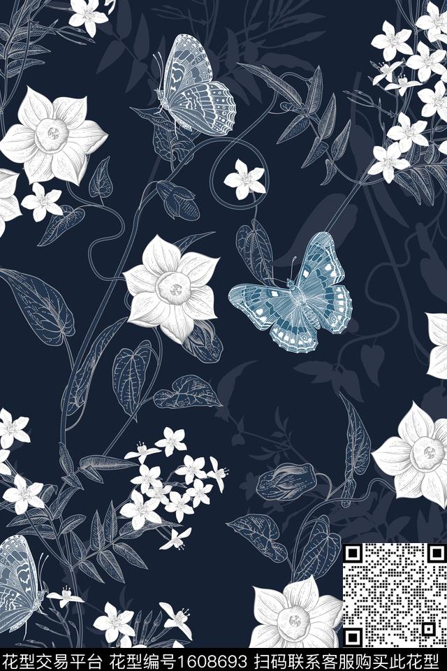 剪影花卉蝴蝶数码印花华亿平台下载（图片编号: 1608693） - 瓦栏（Walan）