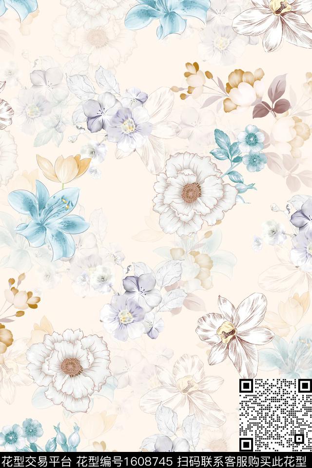 小清新水彩花卉影花数码印花华亿平台下载（图片编号: 1608745） - 瓦栏（Walan）