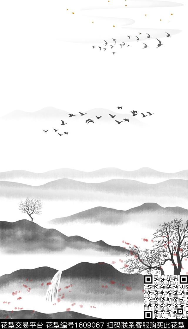 山水中国风水墨风数码印花华亿平台下载（图片编号: 1609067） - 瓦栏（Walan）