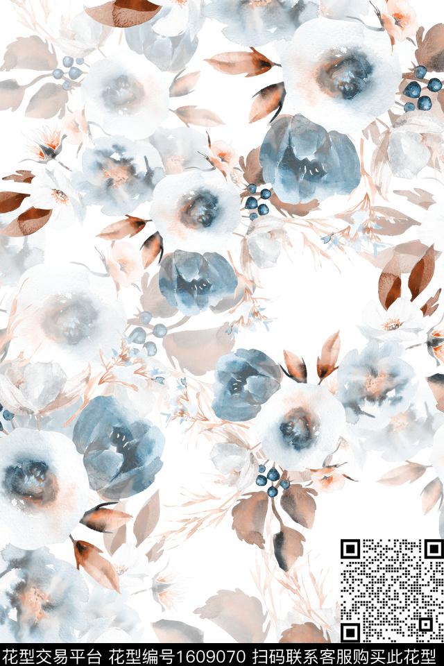 水彩花卉影花白底花数码印花华亿平台下载（图片编号: 1609070） - 瓦栏（Walan）