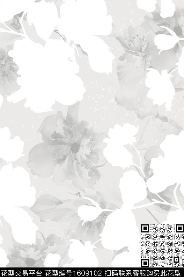 花卉黑白花卉剪影数码印花华亿平台下载（图片编号: 1609102） - 瓦栏（Walan）