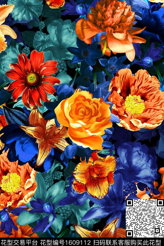 花卉黑底花卉中老年数码印花华亿平台下载（图片编号: 1609112） - 瓦栏（Walan）