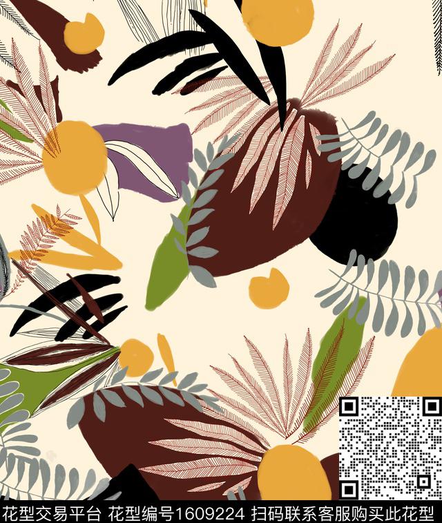 植物叶子色块数码印花华亿平台下载（图片编号: 1609224） - 瓦栏（Walan）