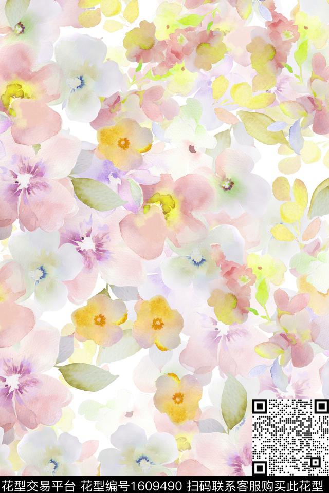 水彩花卉花卉满版散花数码印花华亿平台下载（图片编号: 1609490） - 瓦栏（Walan）