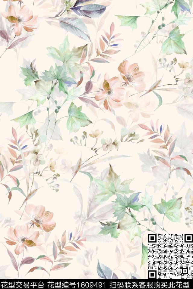 水彩花卉影花花卉数码印花华亿平台下载（图片编号: 1609491） - 瓦栏（Walan）