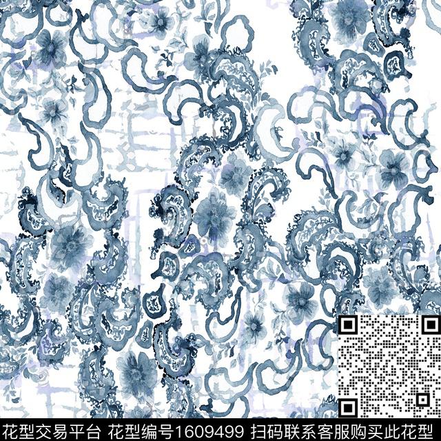 晕染肌理民族风水彩花卉数码印花华亿平台下载（图片编号: 1609499） - 瓦栏（Walan）