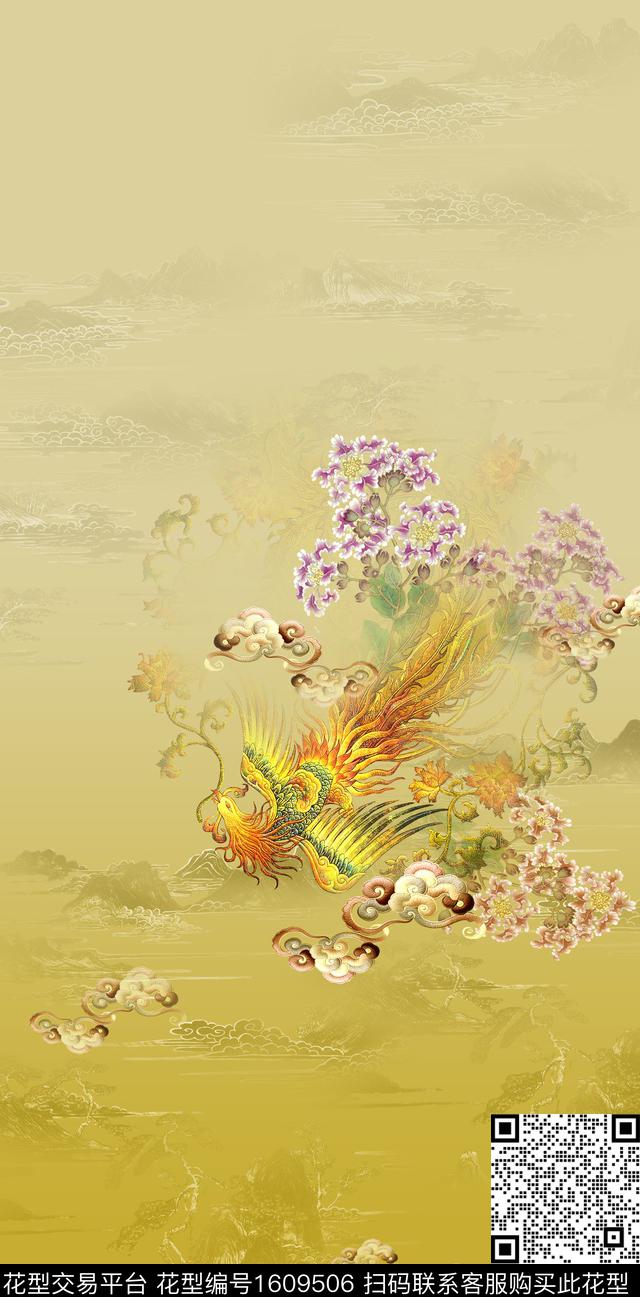 水墨风祥云凤凰数码印花华亿平台下载（图片编号: 1609506） - 瓦栏（Walan）