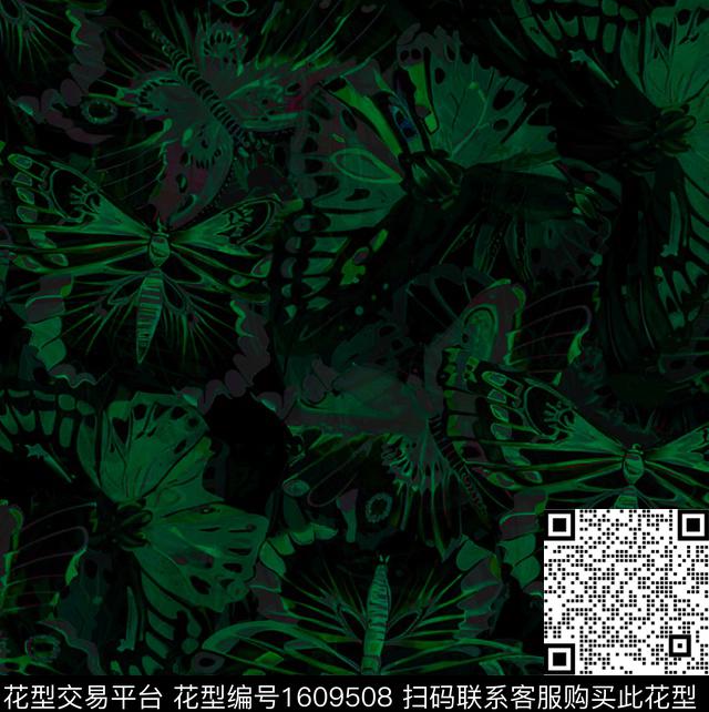 黑底蝴蝶抽象数码印花华亿平台下载（图片编号: 1609508） - 瓦栏（Walan）