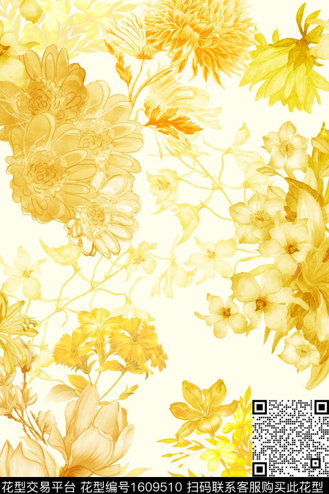 水彩花大花花卉数码印花华亿平台下载（图片编号: 1609510） - 瓦栏（Walan）