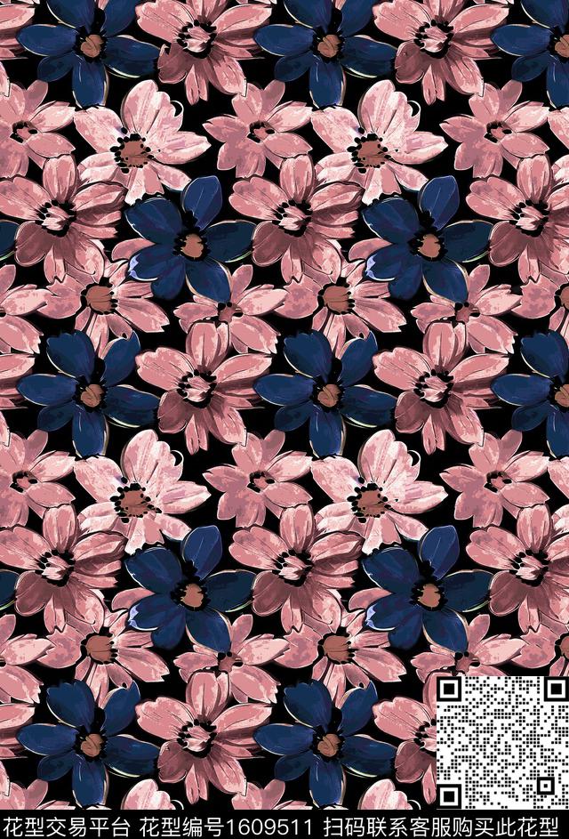 花卉黑底花卉满版散花数码印花华亿平台下载（图片编号: 1609511） - 瓦栏（Walan）