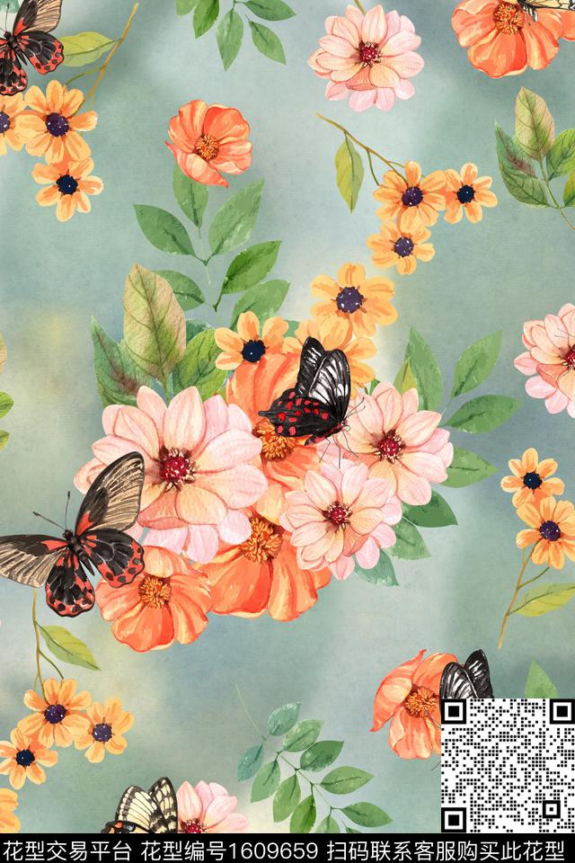 花卉水彩花卉蝴蝶数码印花华亿平台下载（图片编号: 1609659） - 瓦栏（Walan）
