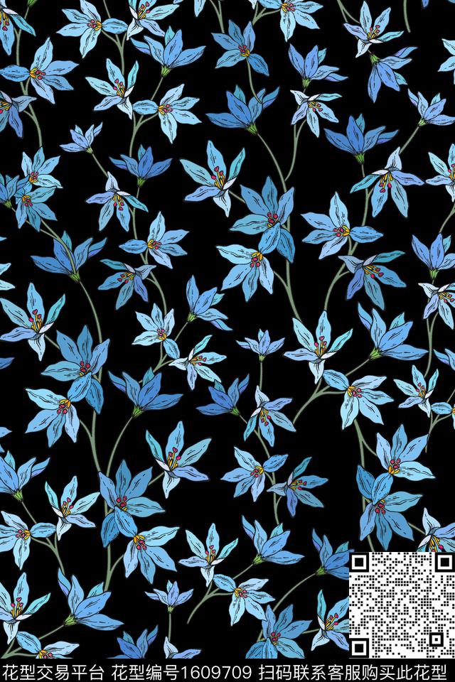 花卉黑底花卉满版散花数码印花华亿平台下载（图片编号: 1609709） - 瓦栏（Walan）