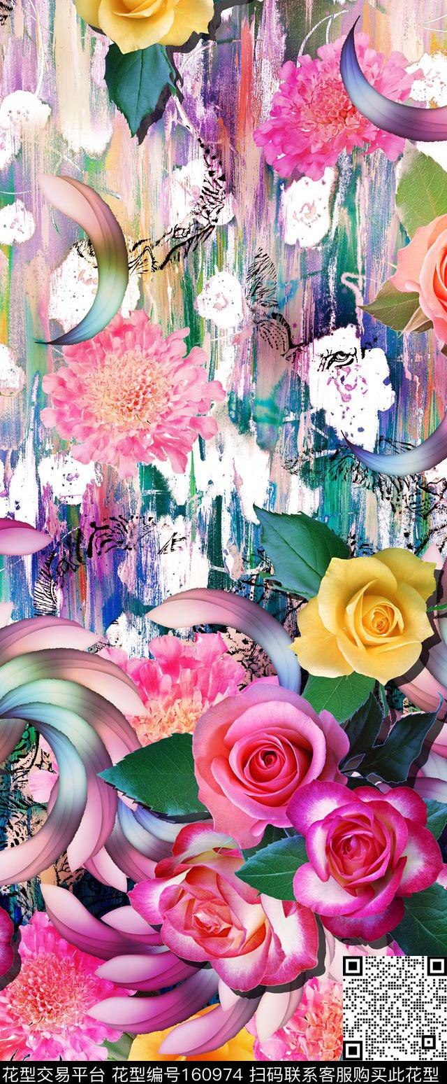 花卉定位抽象数码印花华亿平台下载（图片编号: 160974） - 瓦栏（Walan）