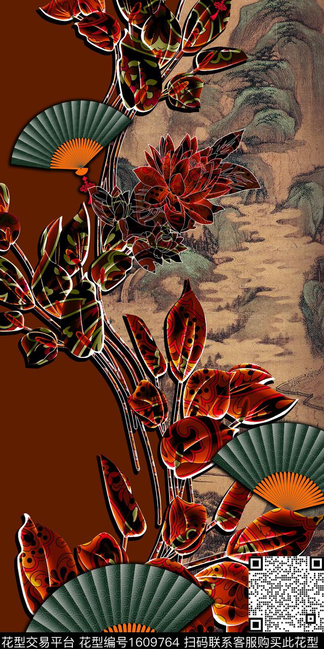 中国风花卉扇子数码印花华亿平台下载（图片编号: 1609764） - 瓦栏（Walan）
