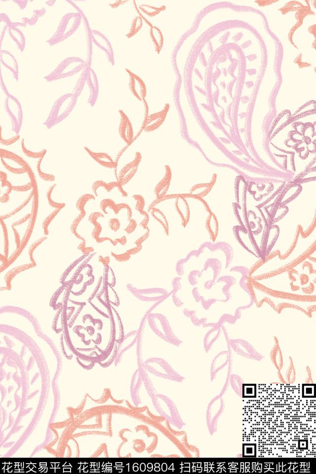 民族风花卉笔触数码印花华亿平台下载（图片编号: 1609804） - 瓦栏（Walan）