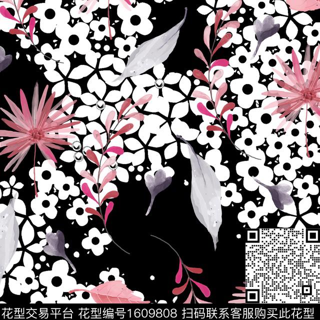 花卉黑底花卉剪影数码印花华亿平台下载（图片编号: 1609808） - 瓦栏（Walan）