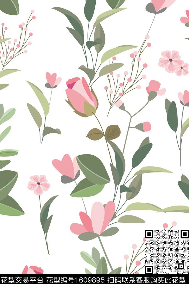 花卉白底花平面花卉数码印花华亿平台下载（图片编号: 1609895） - 瓦栏（Walan）