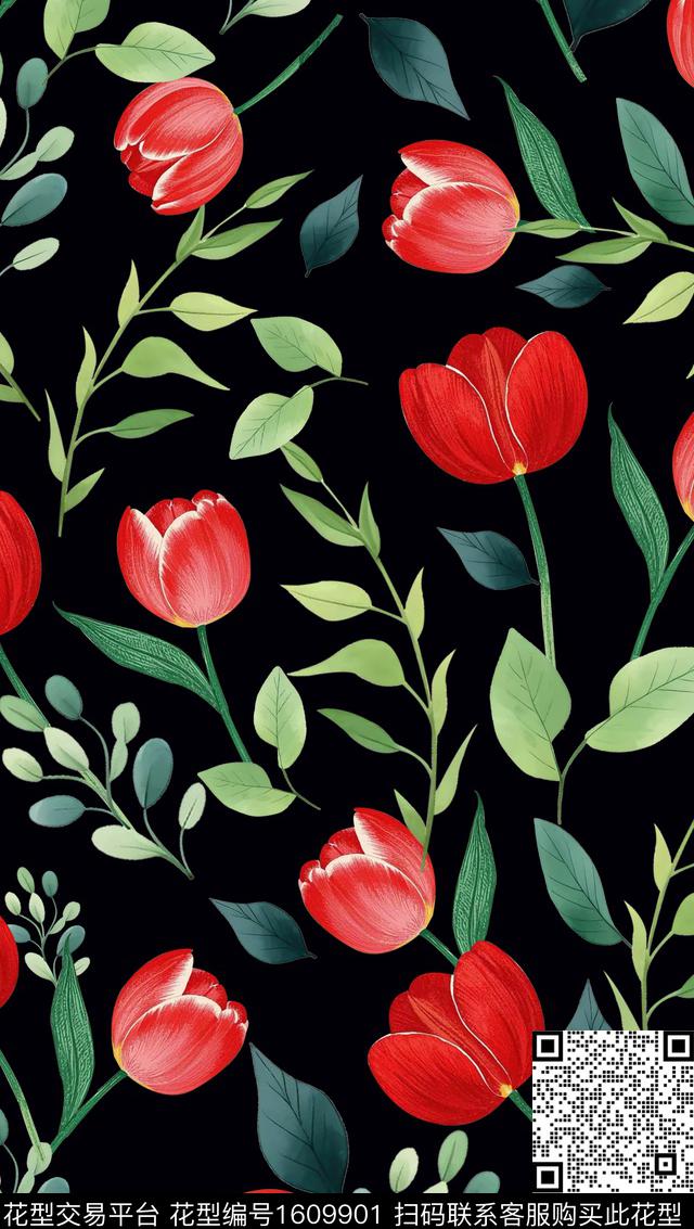 花卉黑底花卉小碎花数码印花华亿平台下载（图片编号: 1609901） - 瓦栏（Walan）