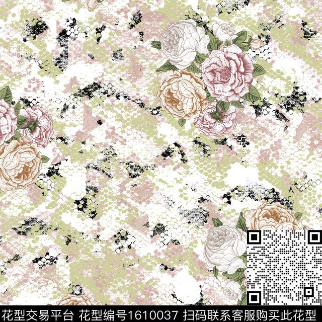 花卉蛇皮蛇纹数码印花华亿平台下载（图片编号: 1610037） - 瓦栏（Walan）