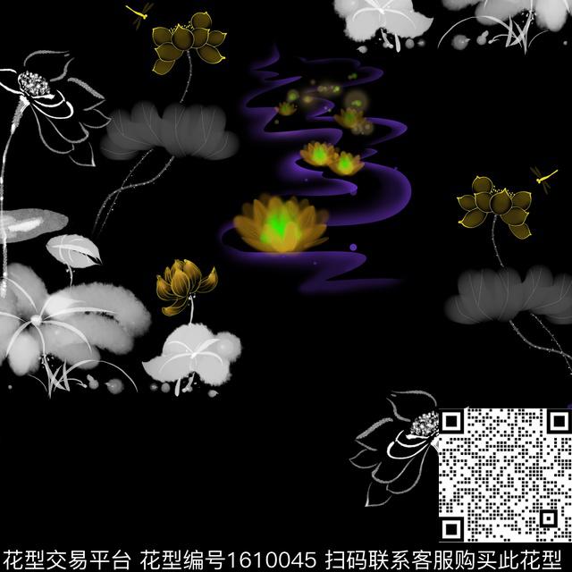 蜻蜓荷花水墨风数码印花华亿平台下载（图片编号: 1610045） - 瓦栏（Walan）