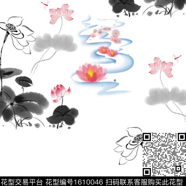 蜻蜓荷花水墨风数码印花华亿平台下载（图片编号: 1610046） - 瓦栏（Walan）