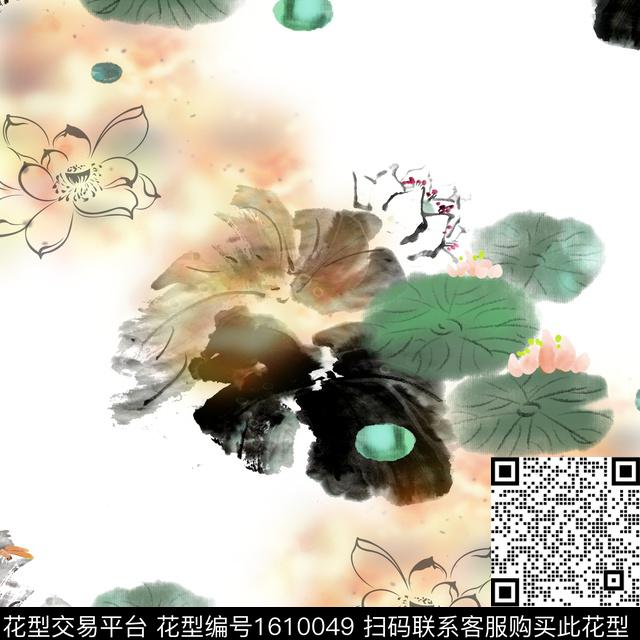 花卉荷花水墨风数码印花华亿平台下载（图片编号: 1610049） - 瓦栏（Walan）
