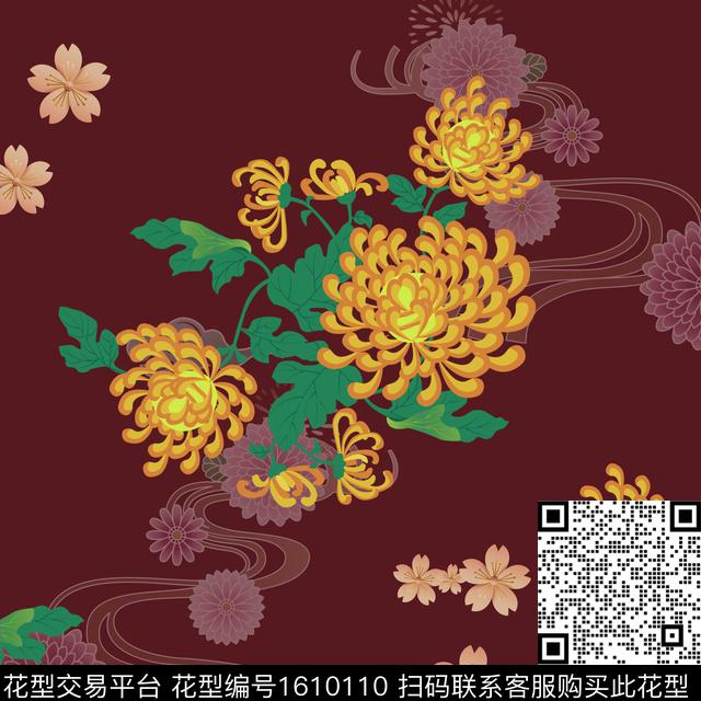 菊花古典花纹民族风数码印花华亿平台下载（图片编号: 1610110） - 瓦栏（Walan）