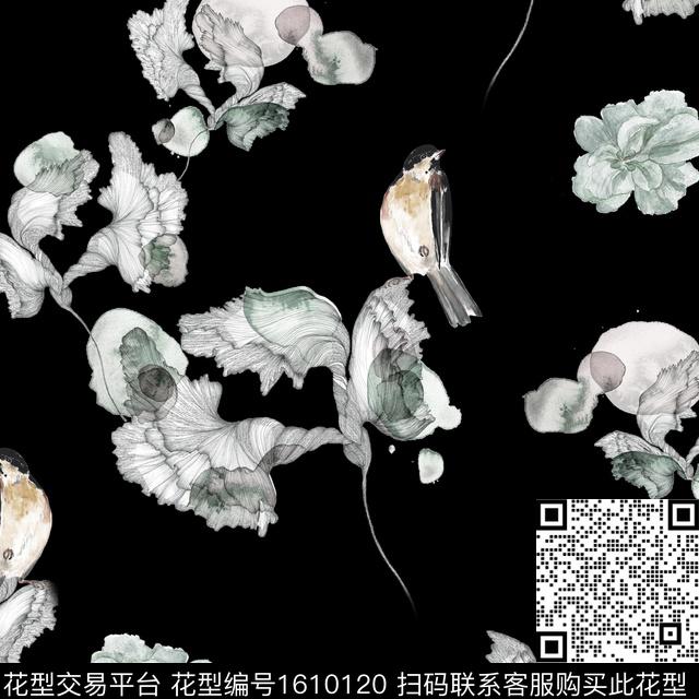 休闲水墨风鸟数码印花华亿平台下载（图片编号: 1610120） - 瓦栏（Walan）