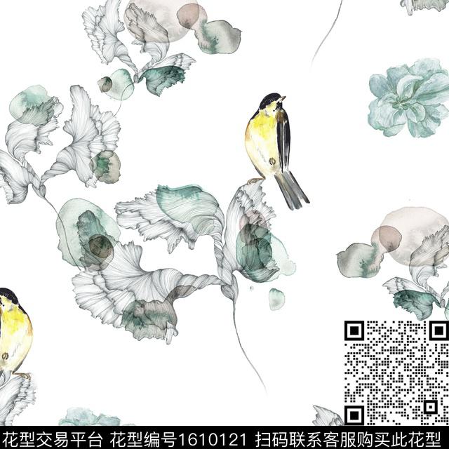 花卉水彩鸟数码印花华亿平台下载（图片编号: 1610121） - 瓦栏（Walan）