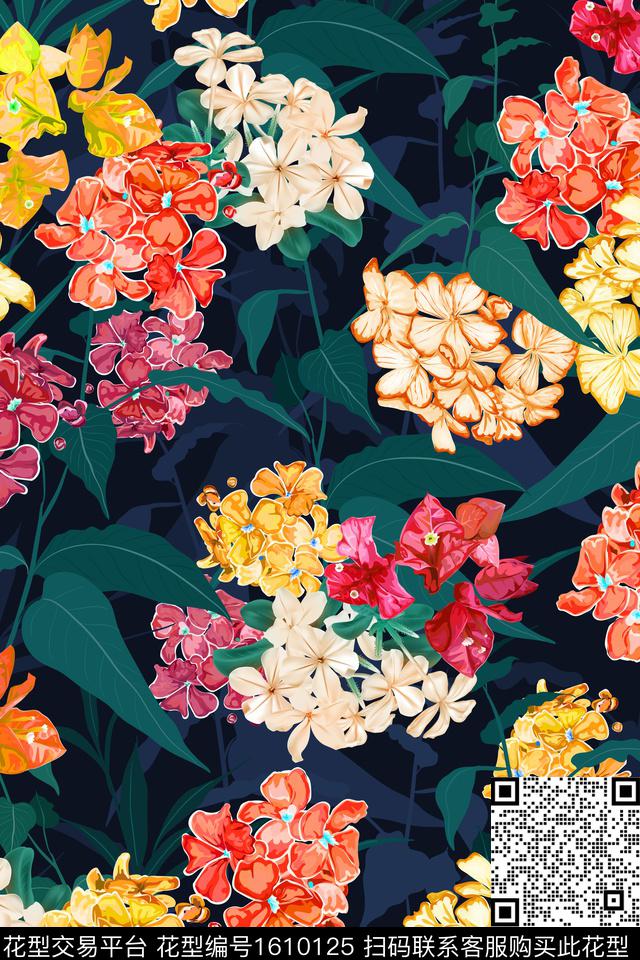 花卉绣球花深色底华亿平台数码印花华亿平台下载（图片编号: 1610125） - 瓦栏（Walan）