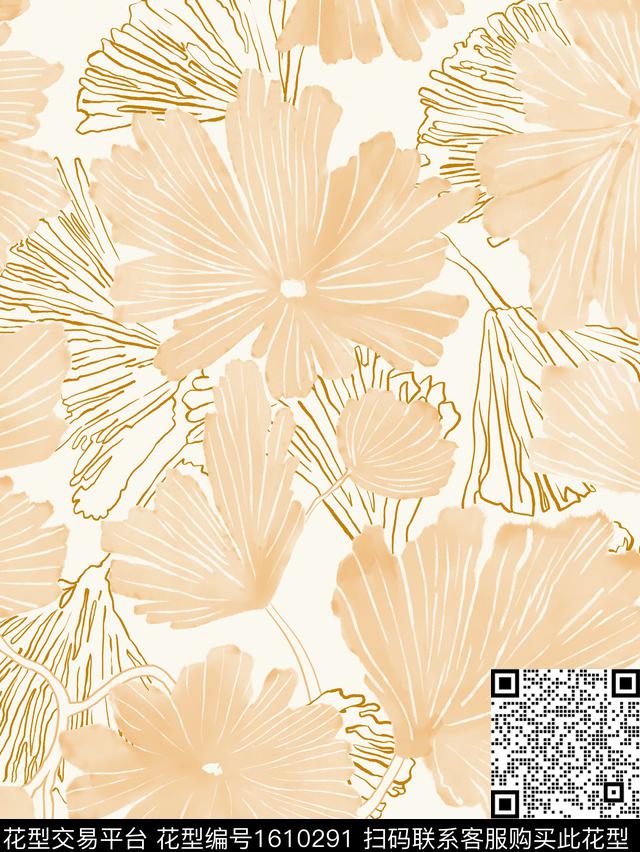 花卉水彩线条花卉数码印花华亿平台下载（图片编号: 1610291） - 瓦栏（Walan）