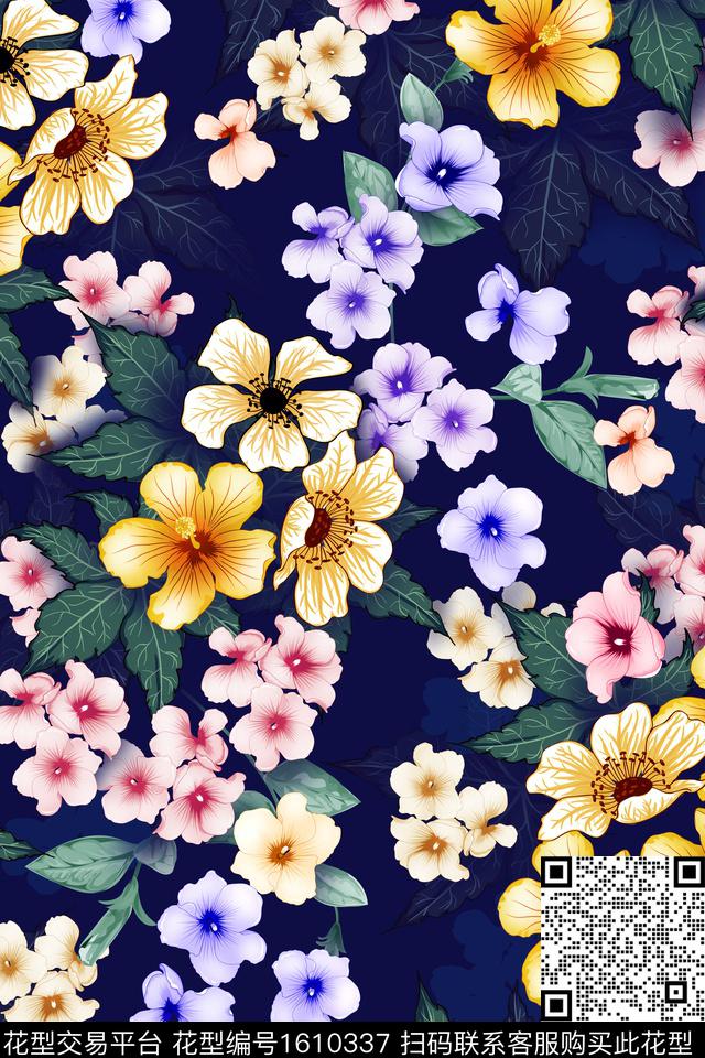 平面花卉花卉深色底华亿平台数码印花华亿平台下载（图片编号: 1610337） - 瓦栏（Walan）