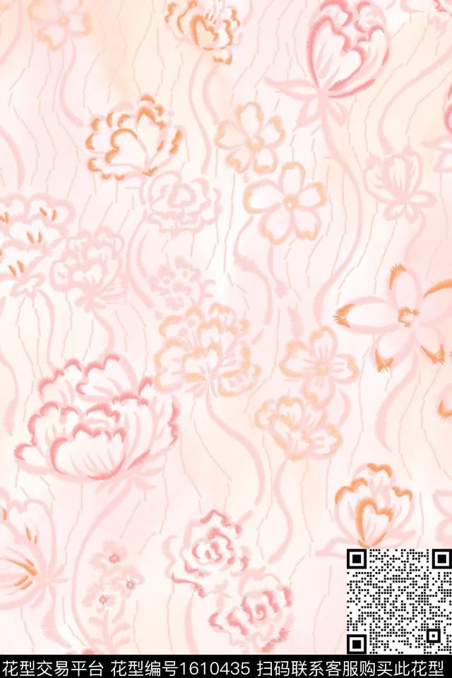 清爽底花卉线条花卉数码印花华亿平台下载（图片编号: 1610435） - 瓦栏（Walan）