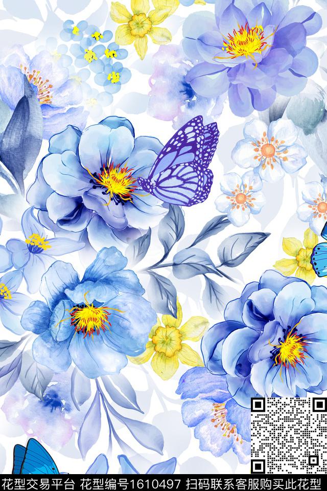 大花花卉水彩花卉数码印花华亿平台下载（图片编号: 1610497） - 瓦栏（Walan）