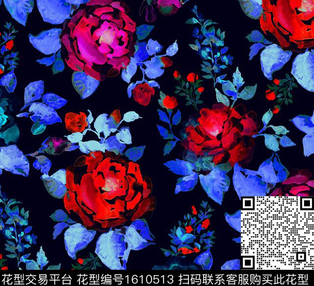 花卉黑底花卉水彩花卉数码印花华亿平台下载（图片编号: 1610513） - 瓦栏（Walan）
