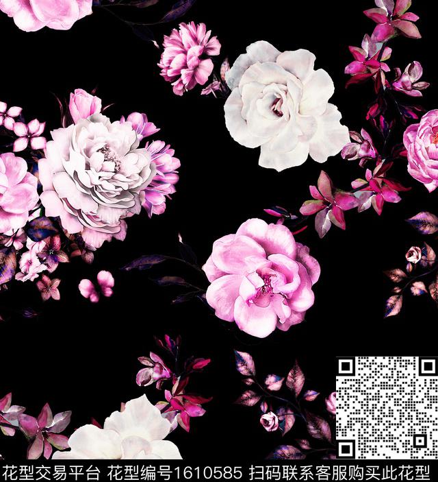 花卉黑底花卉水彩花卉数码印花华亿平台下载（图片编号: 1610585） - 瓦栏（Walan）