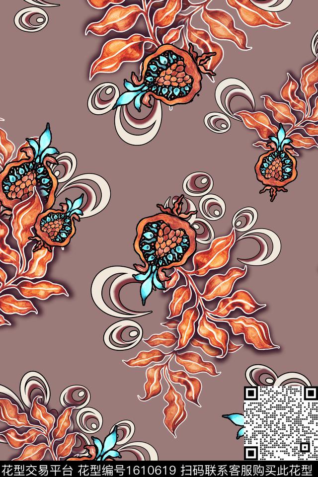 石榴中老年绿植树叶数码印花华亿平台下载（图片编号: 1610619） - 瓦栏（Walan）