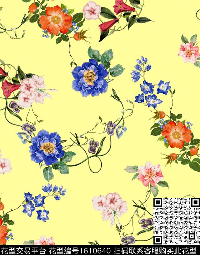 复古黄色背景花卉数码印花华亿平台下载（图片编号: 1610640） - 瓦栏（Walan）