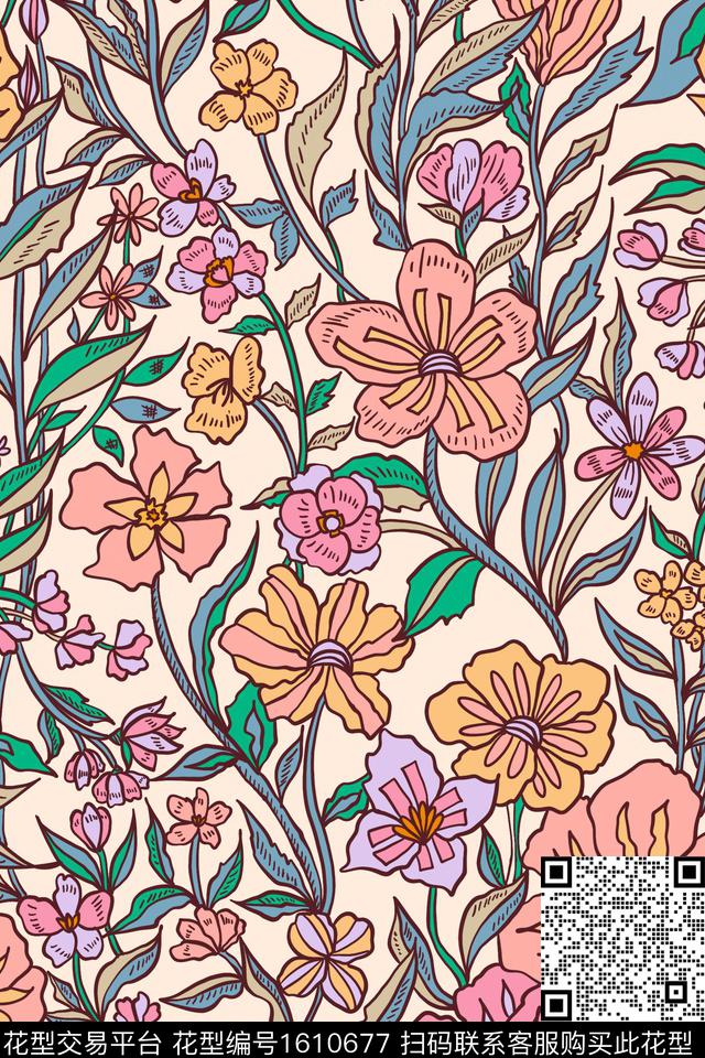 大花平面花卉花卉传统印花华亿平台下载（图片编号: 1610677） - 瓦栏（Walan）