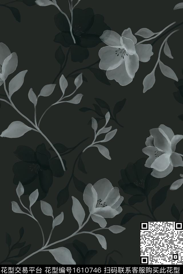 花卉深色底花卉影花数码印花华亿平台下载（图片编号: 1610746） - 瓦栏（Walan）
