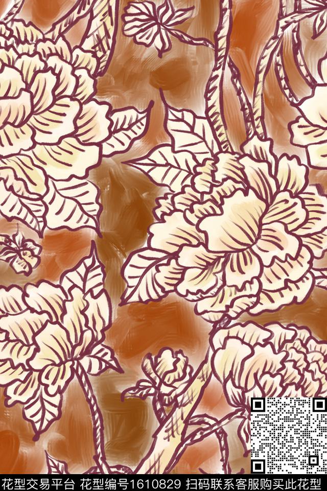 大花花卉笔触数码印花华亿平台下载（图片编号: 1610829） - 瓦栏（Walan）