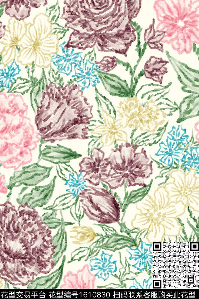 大花花卉肌理数码印花华亿平台下载（图片编号: 1610830） - 瓦栏（Walan）