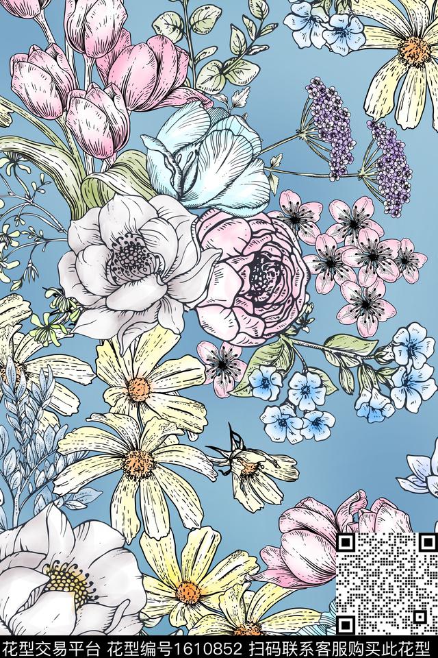 花卉平面花卉线条花卉数码印花华亿平台下载（图片编号: 1610852） - 瓦栏（Walan）