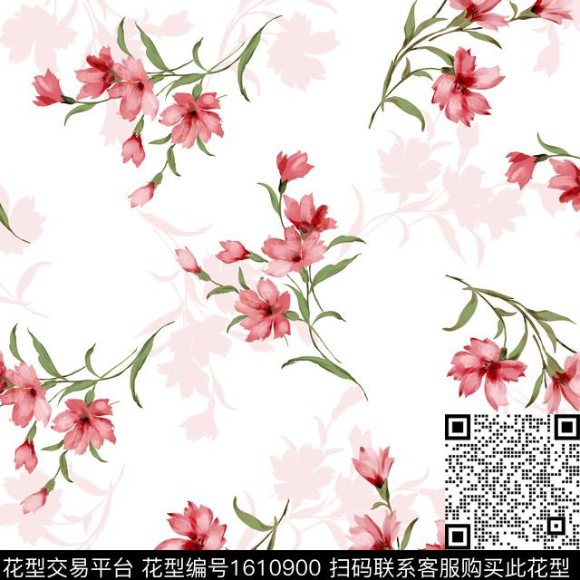 白底花清爽底花卉剪影数码印花华亿平台下载（图片编号: 1610900） - 瓦栏（Walan）