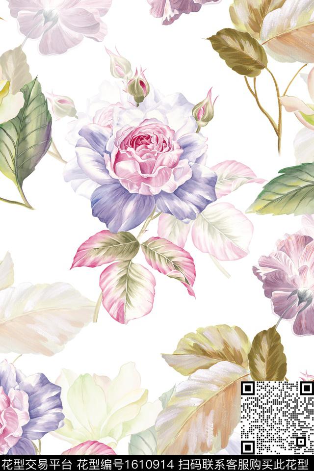 白底花大花水彩花卉数码印花华亿平台下载（图片编号: 1610914） - 瓦栏（Walan）