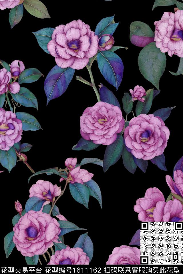 黑底花卉茶花手绘花卉数码印花华亿平台下载（图片编号: 1611162） - 瓦栏（Walan）