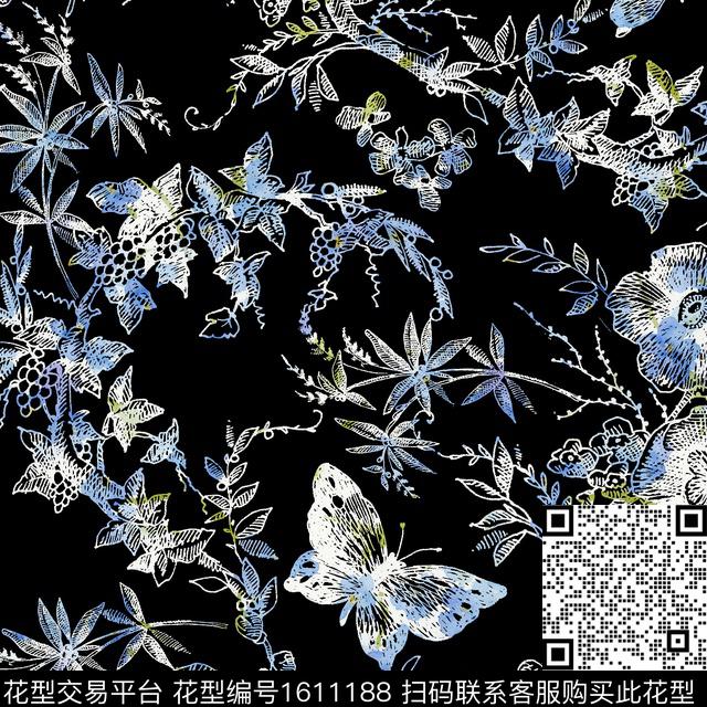 花卉蝴蝶黑底花卉数码印花华亿平台下载（图片编号: 1611188） - 瓦栏（Walan）