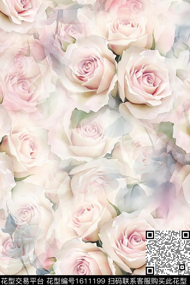 手绘玫瑰花卉水彩花卉数码印花华亿平台下载（图片编号: 1611199） - 瓦栏（Walan）