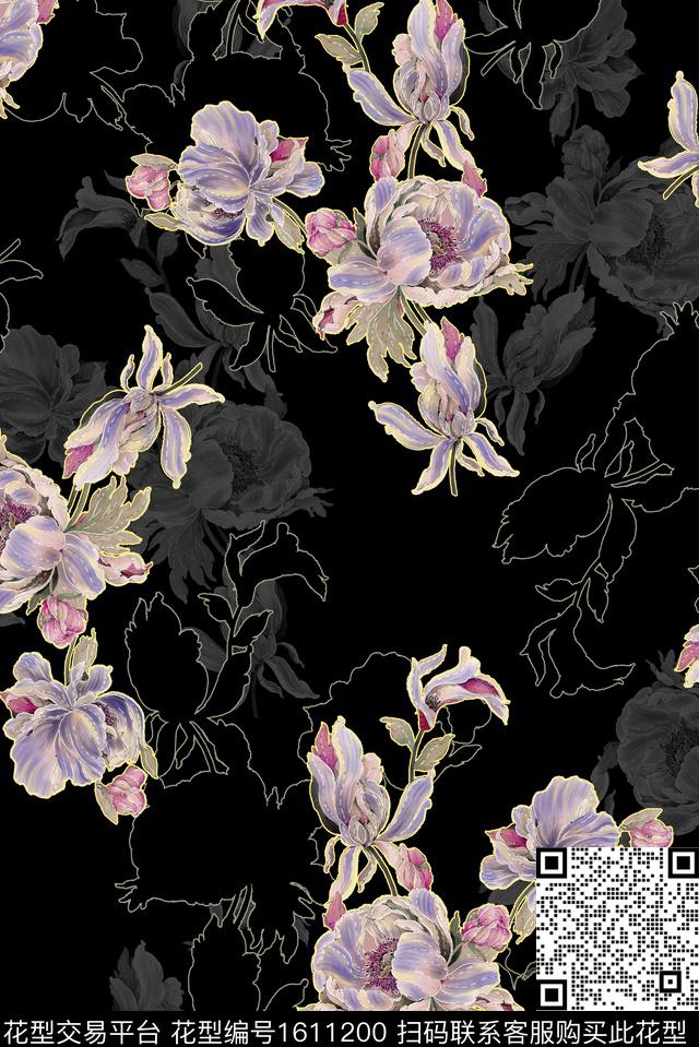 花卉黑底花卉影花数码印花华亿平台下载（图片编号: 1611200） - 瓦栏（Walan）