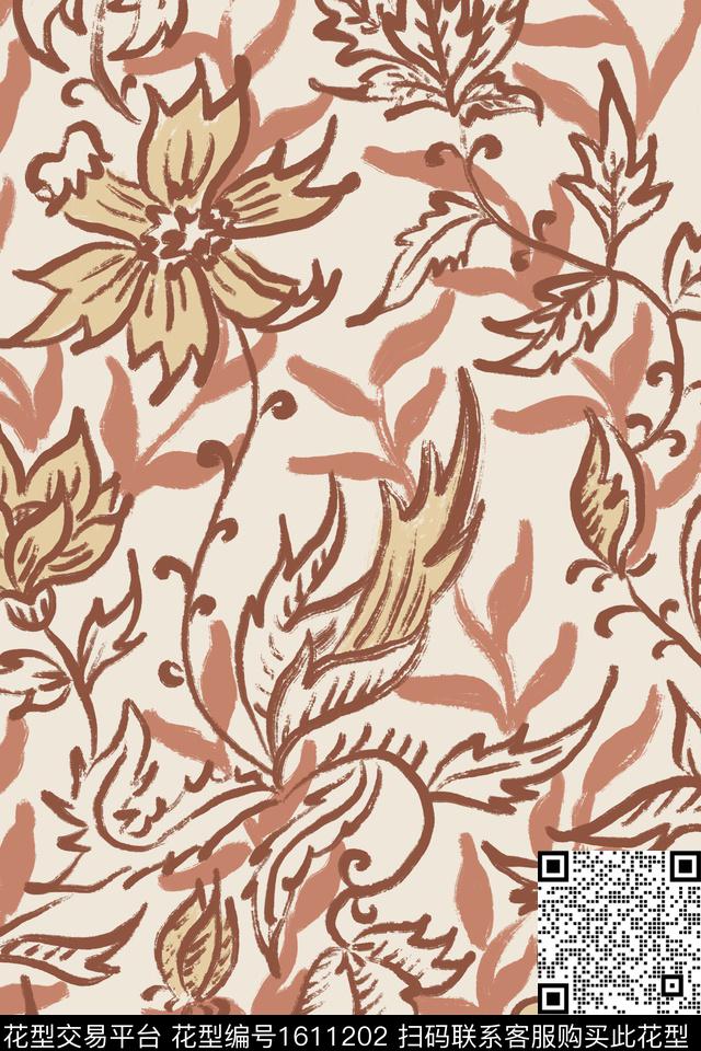 大花花卉笔触数码印花华亿平台下载（图片编号: 1611202） - 瓦栏（Walan）